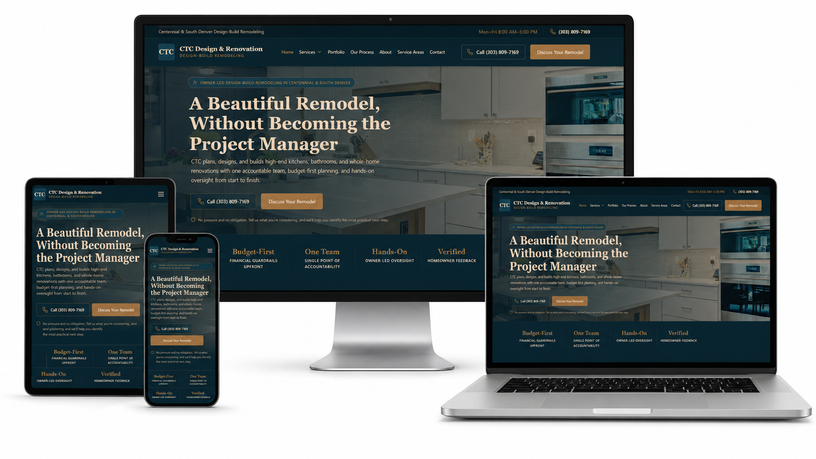 CTC Design and Renovation website displayed across desktop, laptop, tablet, and mobile devices