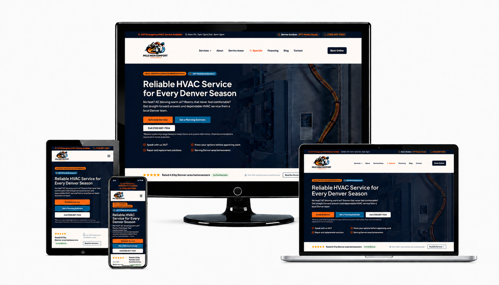 Mile High Comfort HVAC website displayed across desktop, laptop, tablet, and mobile devices